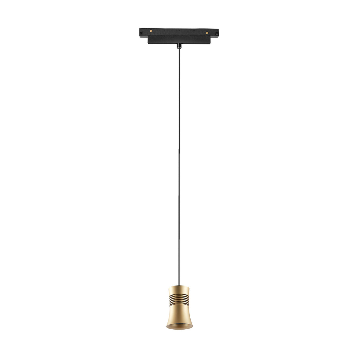Magneto 12W Cone Track Light in gold with black interior, suspended from a black magnetic track base on a long cord against a plain white background.