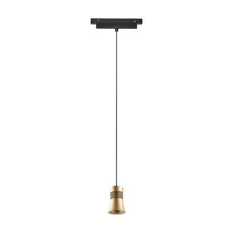 Magneto 12W Cone Track Light in gold with black interior, suspended from a black magnetic track base on a long cord against a plain white background.