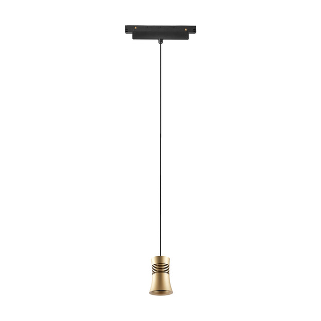 Magneto 12W Cone Track Light in gold with black interior, suspended from a black magnetic track base on a long cord against a plain white background.