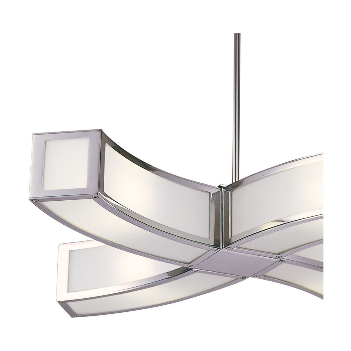 Close-up of the Magneto cone track light showing its curved chrome-edged arms with white glass panels intersecting at a central mount, with a straight ceiling rod against a plain white background.
