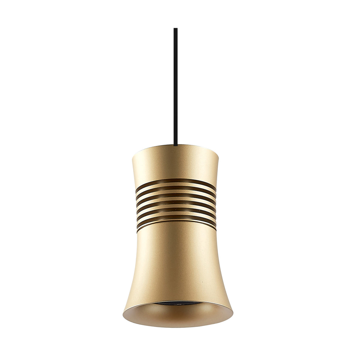 Magneto cone pendant track light with gold aluminium exterior, black interior, and ribbed centre detail, suspended from a black cable on a plain white background.