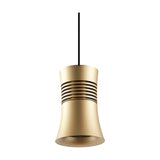 Magneto cone pendant track light with gold aluminium exterior, black interior, and ribbed centre detail, suspended from a black cable on a plain white background.