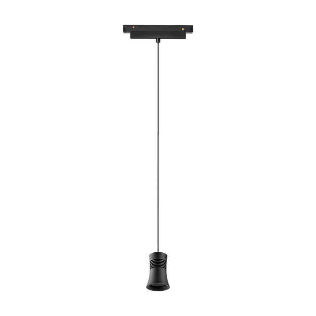 Magneto 12W Cone Dimmable Track Light in black, magnetic track base with long pendant cord to a narrow cone-shaped LED head, 20cm drop, 3000K, shown on a plain white background.