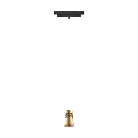 Magneto 12W Cone Dimmable Track Light in gold, a narrow cone-shaped pendant on a long black cable from a black rectangular track mount, shown on a plain white background.