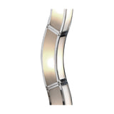 Close-up of a curved chrome track section with rectangular frosted glass panels illuminated from within, showing warm white LED light and visible mounting screws on a white background.