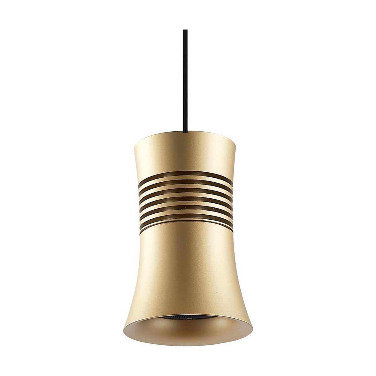 Magneto 12W cone track light in gold aluminium with ribbed centre detail and black cable, shown on a plain white background.