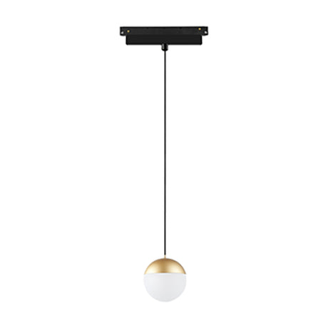 Magneto Track Light pendant with a black track-mounted head, slender black stem, and a small gold ball shade with white diffuser, shown on a plain white background.