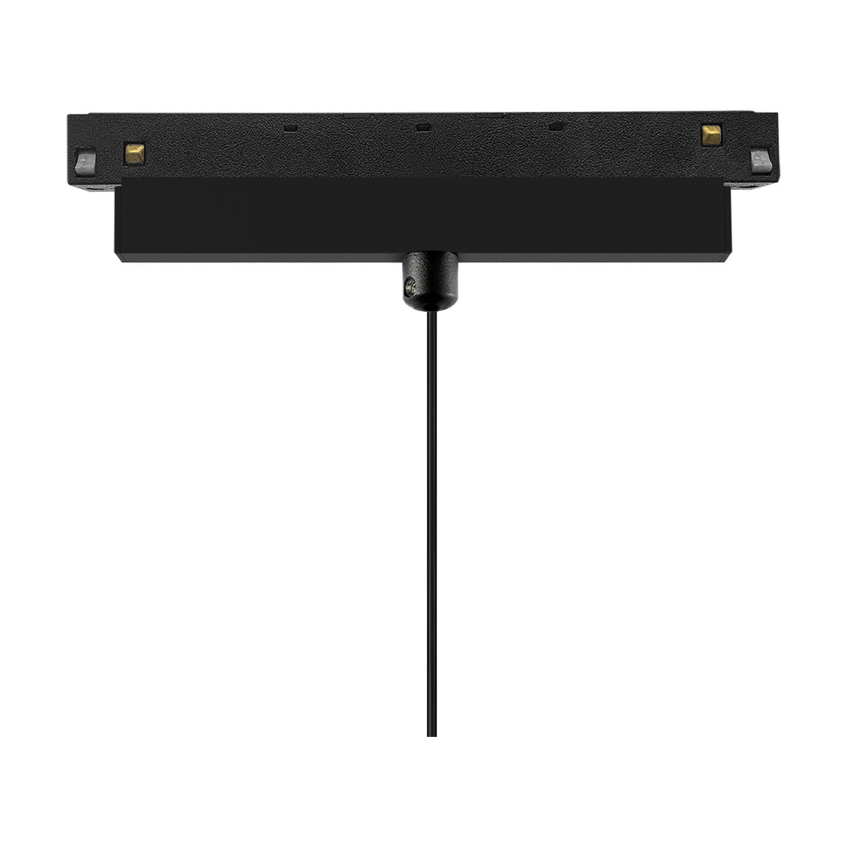 Magneto 10W Track Light in black, a slim rectangular track adaptor with gold corner connectors and a black pendant stem, shown on a plain white background.