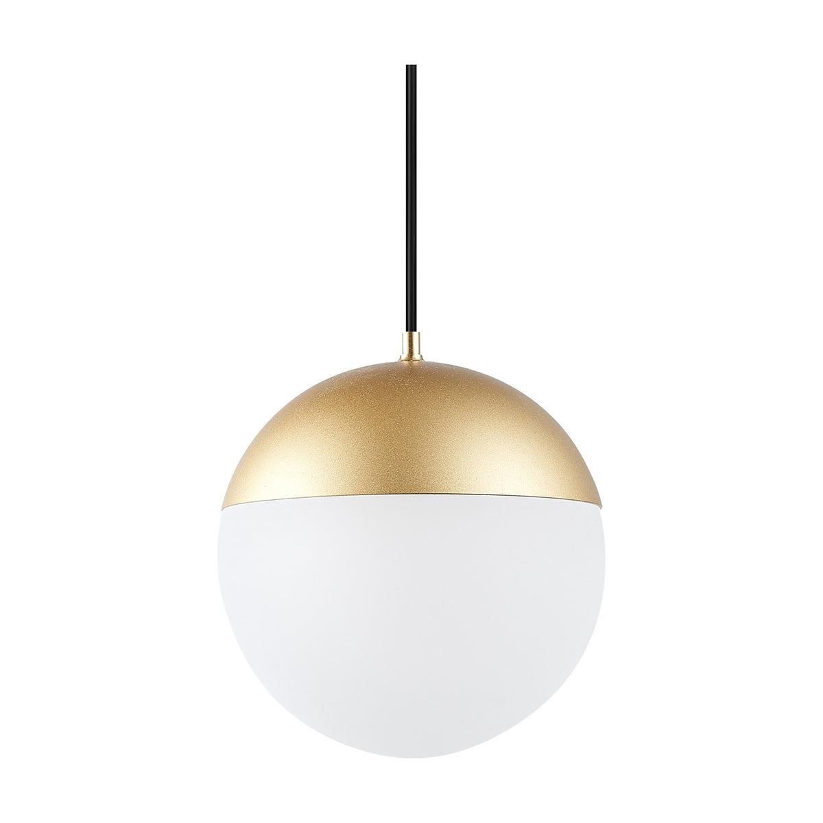 Pendant-style track light with a gold dome cap over a white glass globe shade on a black stem, shown on a plain white background.