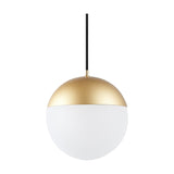 Pendant-style track light with a gold dome cap over a white glass globe shade on a black stem, shown on a plain white background.