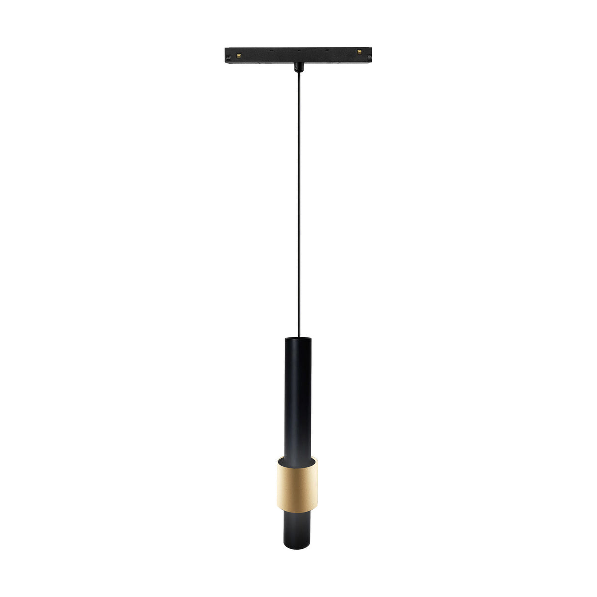 Magneto Track Light pendant with slim black cylindrical body and gold ring accent, suspended by a thin cable from a black magnetic track adapter, shown on a plain white background.
