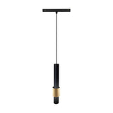 Magneto Track Light pendant with slim black cylindrical body and gold ring accent, suspended by a thin cable from a black magnetic track adapter, shown on a plain white background.