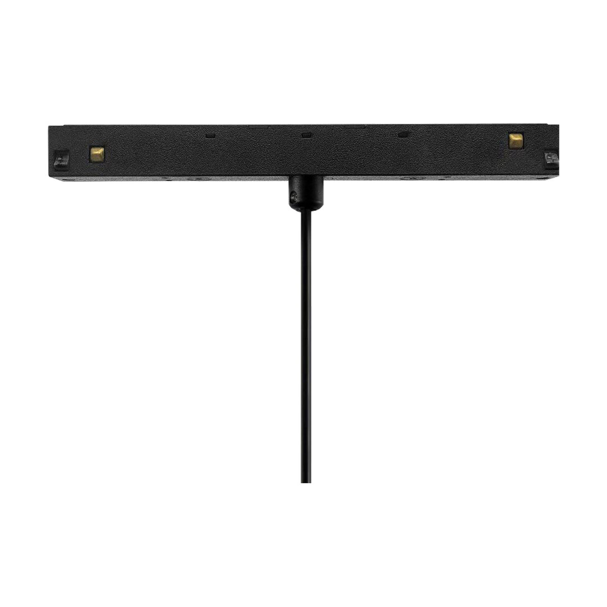 Magneto Track Light, a slim black bar with gold fittings suspended on a thin drop rod, shown against a plain white background.