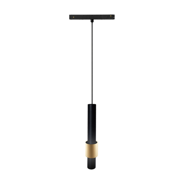 Magneto Dimmable Track Light pendant with black cylindrical tube and gold accent band, suspended from a black track adapter on a plain white background.