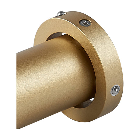 Close-up of the Trimasi Spotlight in sand gold aluminium, showing the round tubular head with a ring collar secured by visible screws, on a plain white background.