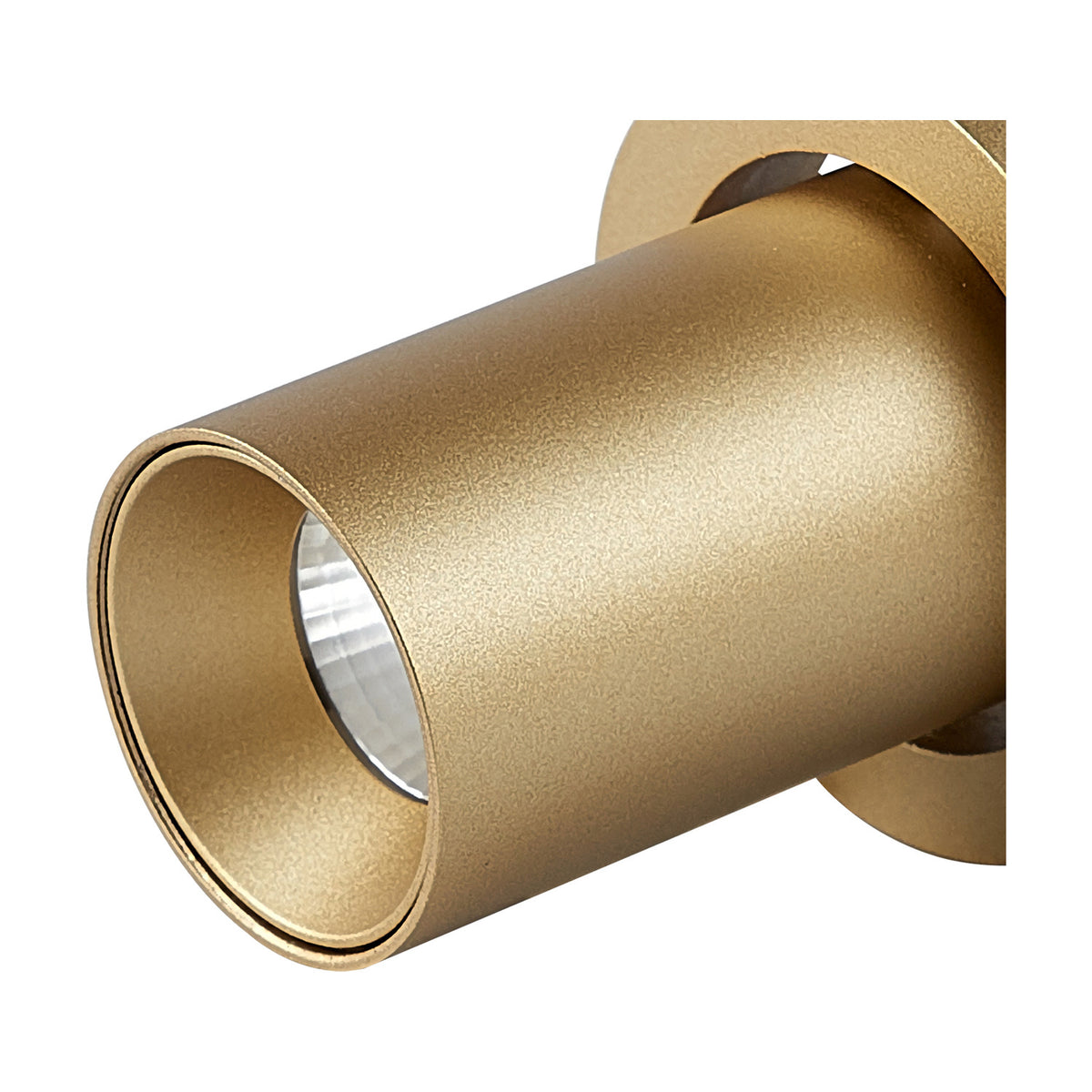 Close-up of the Trimasi cylindrical spotlight in sand gold aluminium, showing the integrated LED lens within the tube, set against a plain white background.