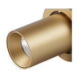 Close-up of the Trimasi cylindrical spotlight in sand gold aluminium, showing the integrated LED lens within the tube, set against a plain white background.