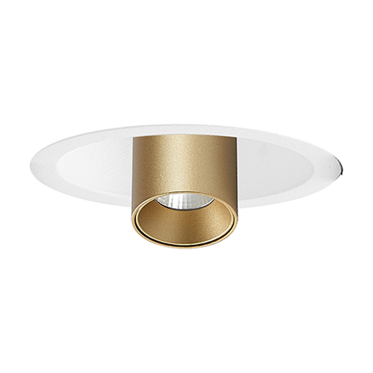 Trimasi recessed spotlight with round white ceiling trim and cylindrical sand gold LED spotlight head, 7W 3000K warm white, on a plain white background.