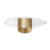 Trimasi recessed spotlight with round white ceiling trim and cylindrical sand gold LED spotlight head, 7W 3000K warm white, on a plain white background.