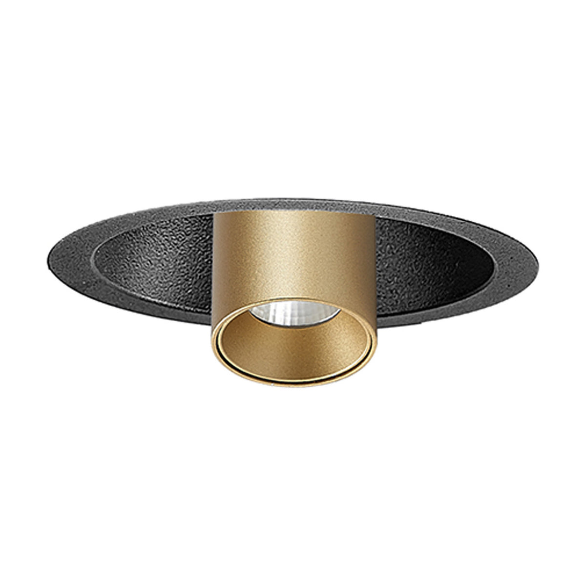 Trimasi recessed spotlight with round black outer trim and cylindrical sand gold adjustable head, 50mm diameter, shown on a plain white background.