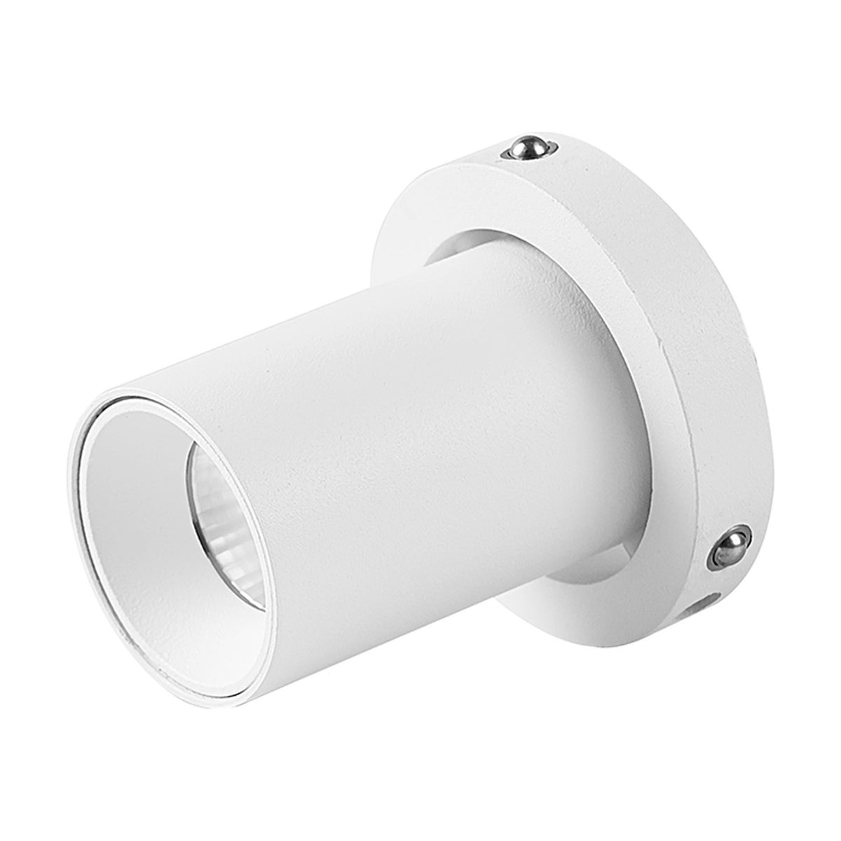 Trimasi surface-mounted spotlight in sand white aluminium, a cylindrical barrel head on a round wall base with visible fixing screws, shown on a plain white background.