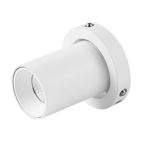Trimasi surface-mounted spotlight in sand white aluminium, a cylindrical barrel head on a round wall base with visible fixing screws, shown on a plain white background.