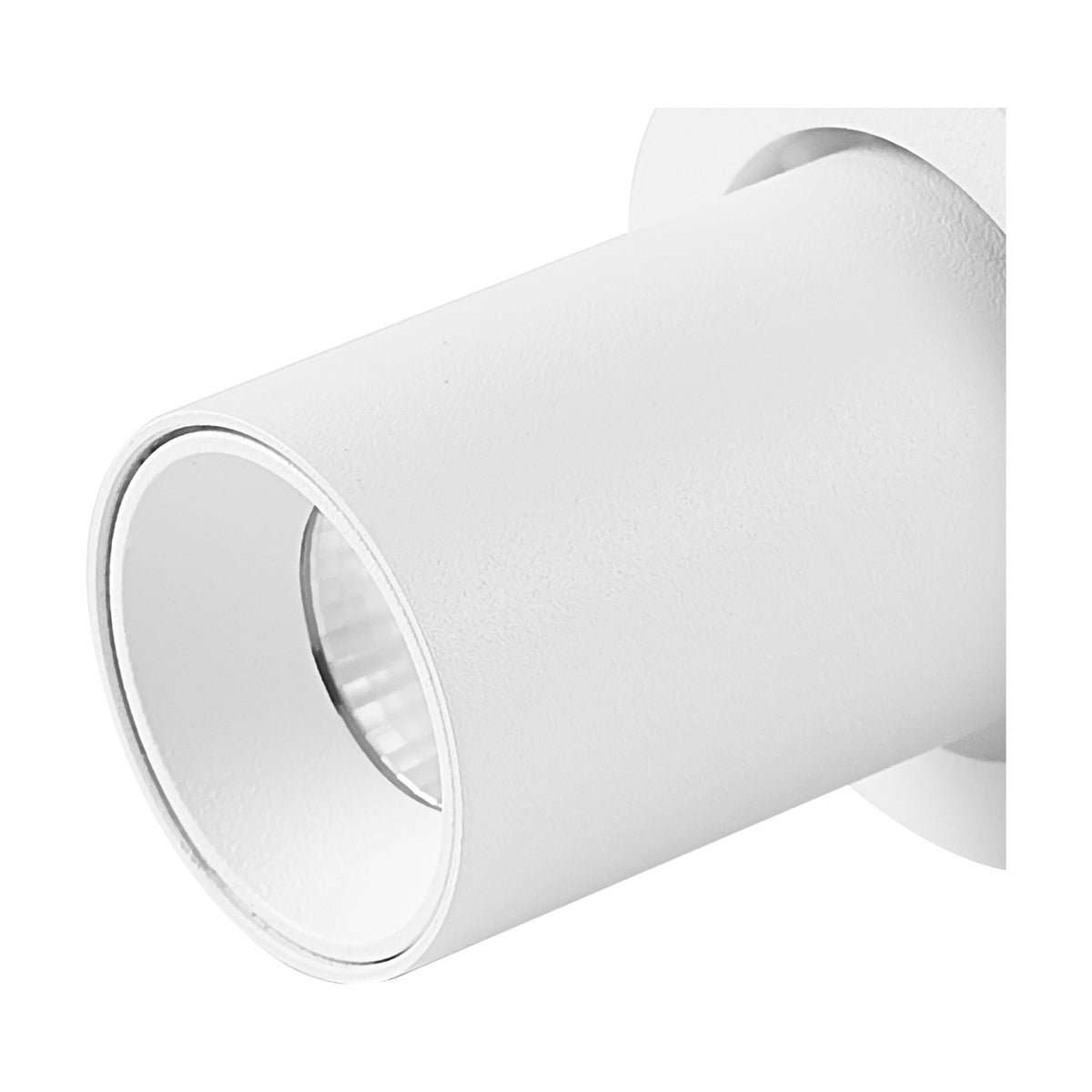 Close-up of the Trimasi Spotlight, a cylindrical wall-mounted fixture in sand white matt aluminium, 50mm diameter, shown against a plain white background.