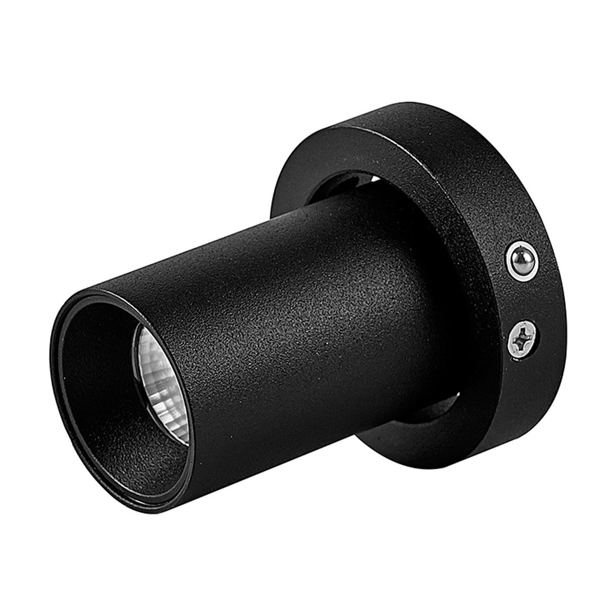 Trimasi Spotlight in sand black aluminium, a compact cylindrical wall-mounted fixture with round back plate and visible fixing screws, shown on a plain white background.