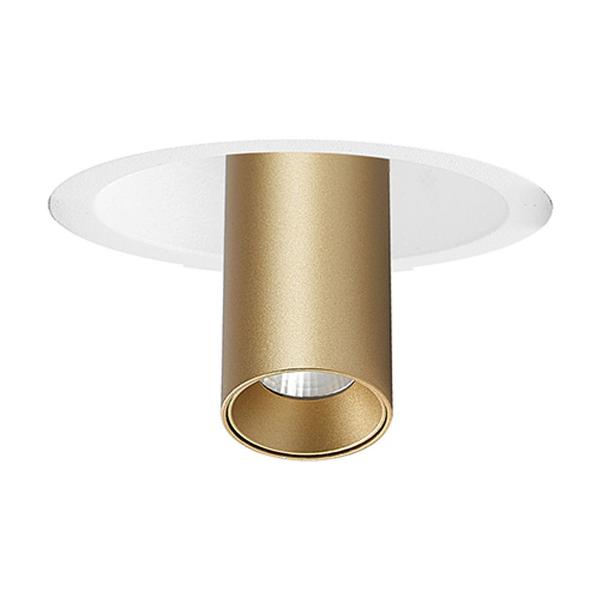Trimasi surface-mounted spotlight with a white round ceiling base and cylindrical sand gold aluminium body, LED integrated head visible, shown on a plain white background.