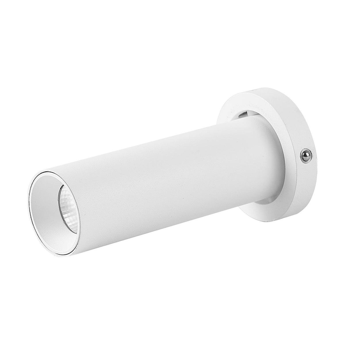 Trimasi wall-mounted spotlight in sand white aluminium, with a round wall plate and cylindrical tube head, LED integrated, shown on a plain white background.