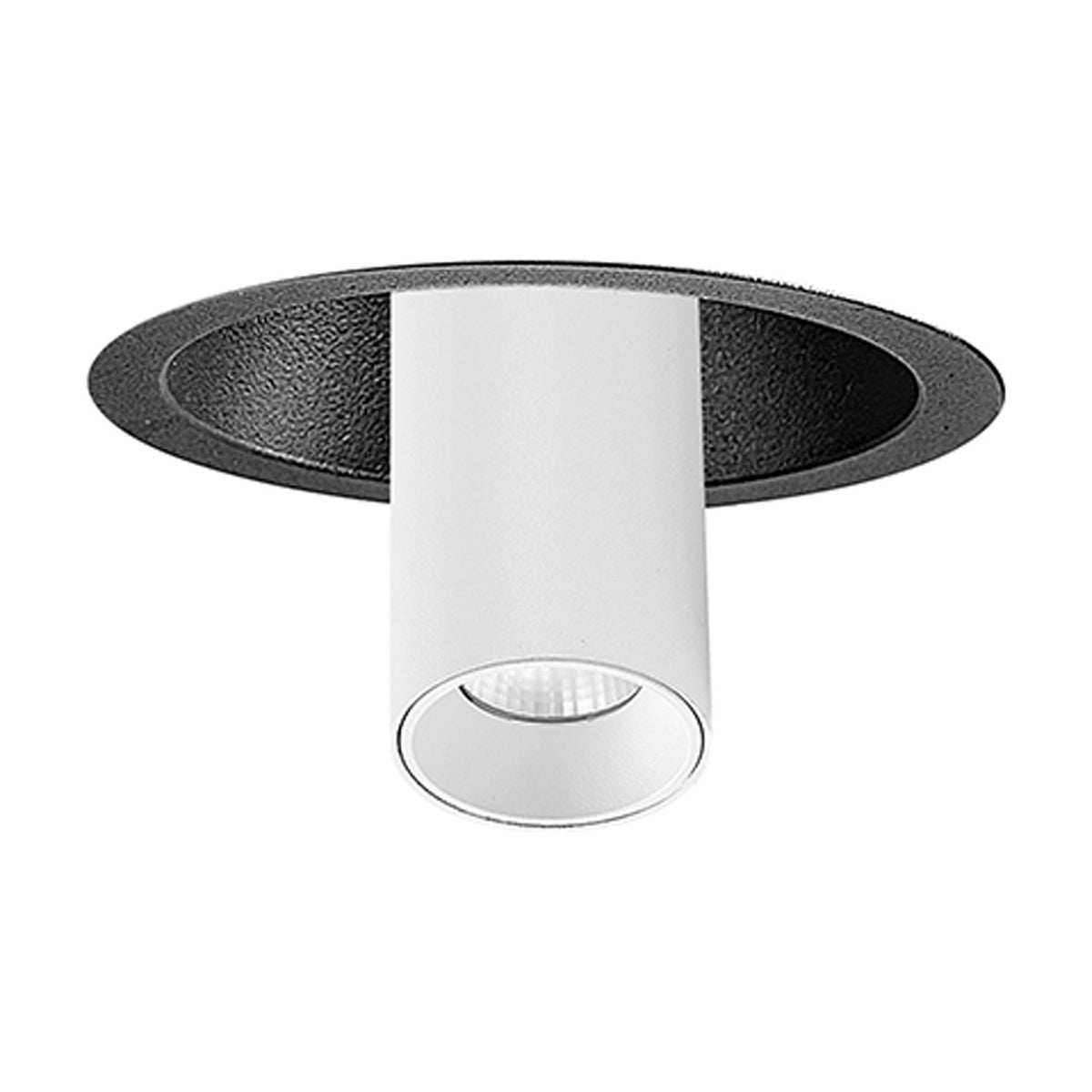 Trimasi cylindrical ceiling spotlight in white aluminium with black round trim, 50mm diameter fixture, shown on a plain white background.