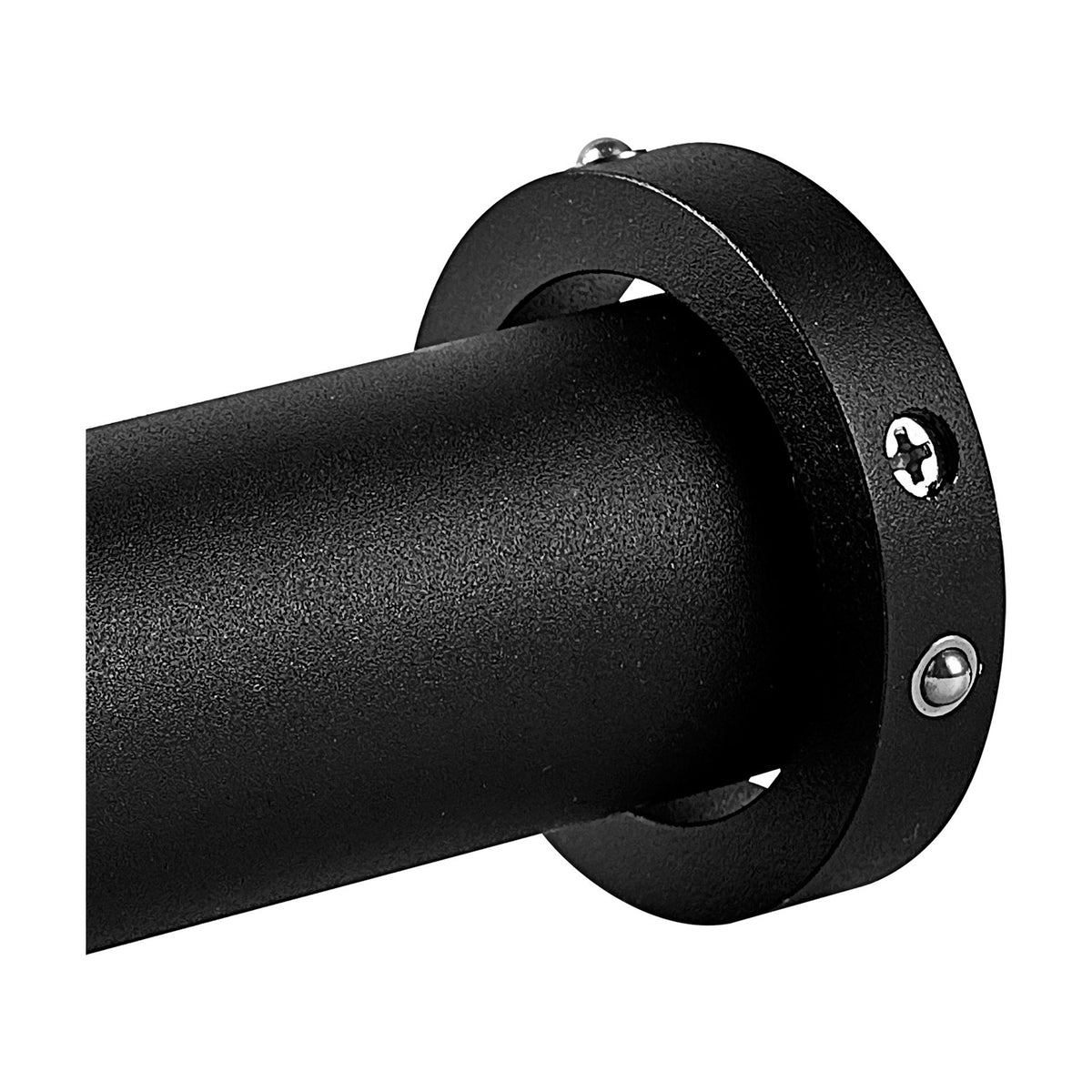 Close-up of the Trimasi Spotlight's cylindrical sand black body and round mounting ring with visible screws, shown against a plain white background.