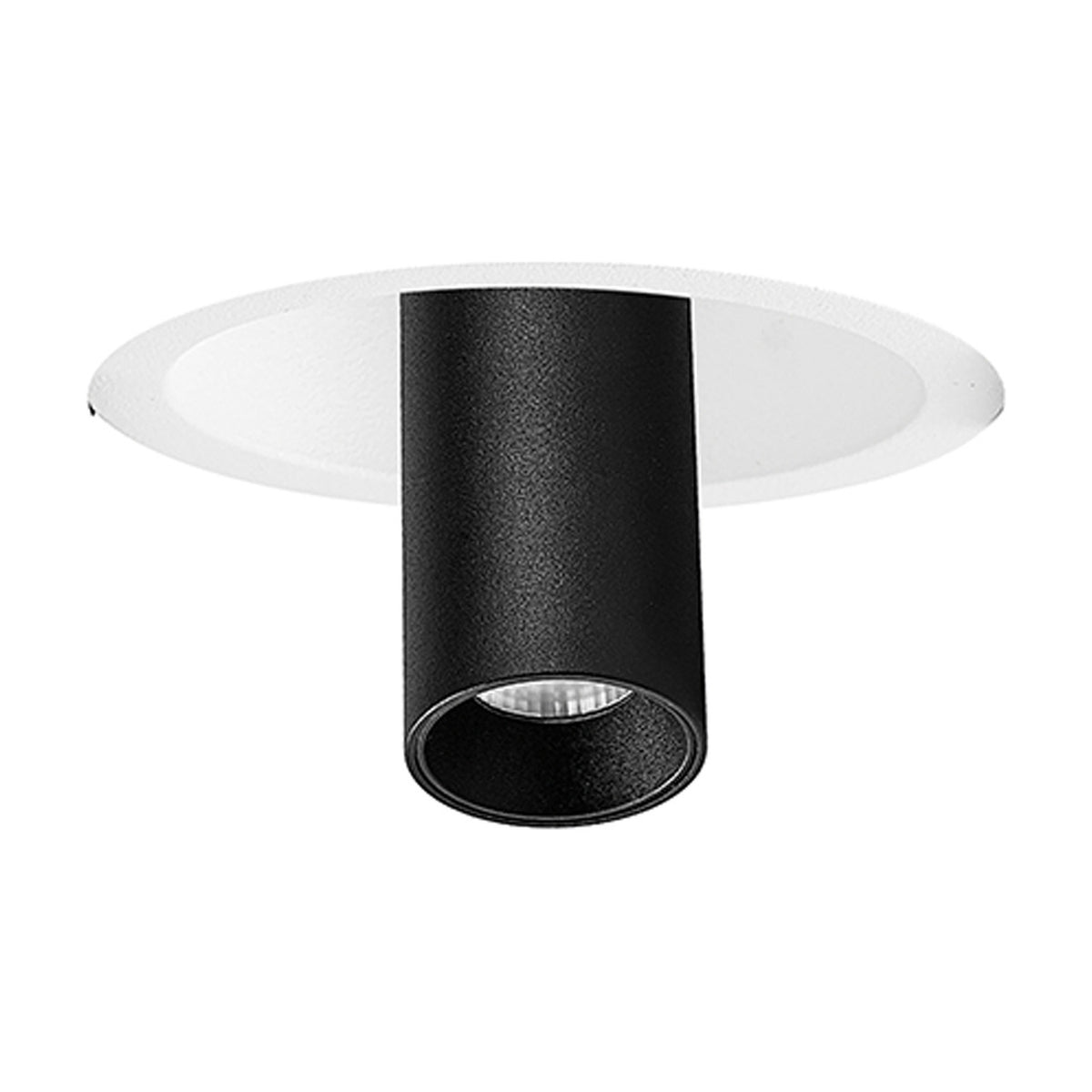 Trimasi Spotlight in sand black finish, a slim cylindrical fixture on a round white ceiling plate, shown against a plain white background, 7W 3000K LED, 50mm diameter.