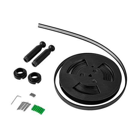 Skyline Suspension Kit 5m Long in black, showing a coiled aluminium LED strip channel, two ball-jointed end caps, mounting rings, screws, wall plugs and an Allen key on a white background.