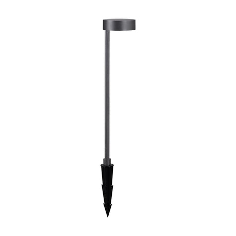 Nagano 7W IP65 Bollard Light in sand black, a slim aluminium cylinder with round top and pointed ground spike, shown on a plain white background.