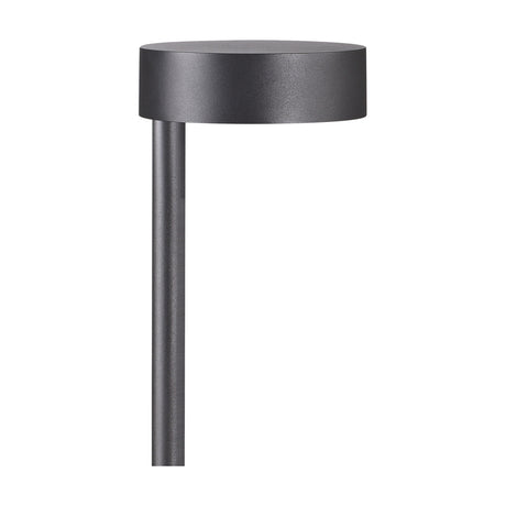 Nagano IP65 bollard light in sand black aluminium, 12cm wide with a round disc top on a slim upright post, shown on a plain white background.