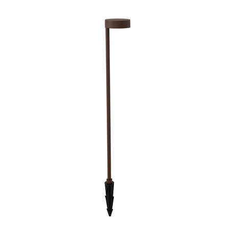 Nagano 7W IP65 Bollard Light in rust brown, tall slim aluminium post with round flat top and black ground spike, shown on a plain white background.