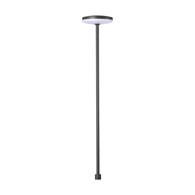 Akita IP54 bollard light, 60cm sand black aluminium post with round disc-shaped LED head, 12W warm white, shown on a plain white background.