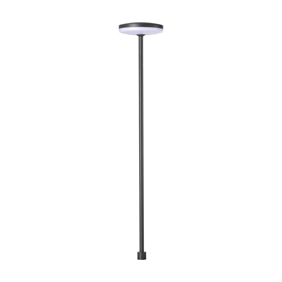 Akita IP54 bollard light, 80cm slim black post with round LED top disc and warm white 3000K glow, base mount, shown against a plain white background.