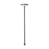 Akita IP54 bollard light, 80cm slim black post with round LED top disc and warm white 3000K glow, base mount, shown against a plain white background.