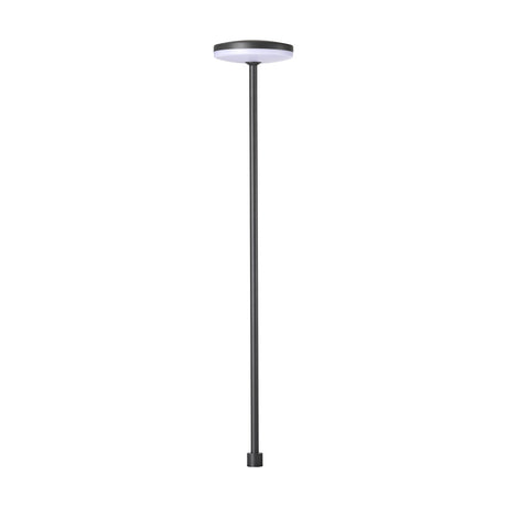 Akita IP54 bollard light, 80cm slim black post with round LED top disc and warm white 3000K glow, base mount, shown against a plain white background.