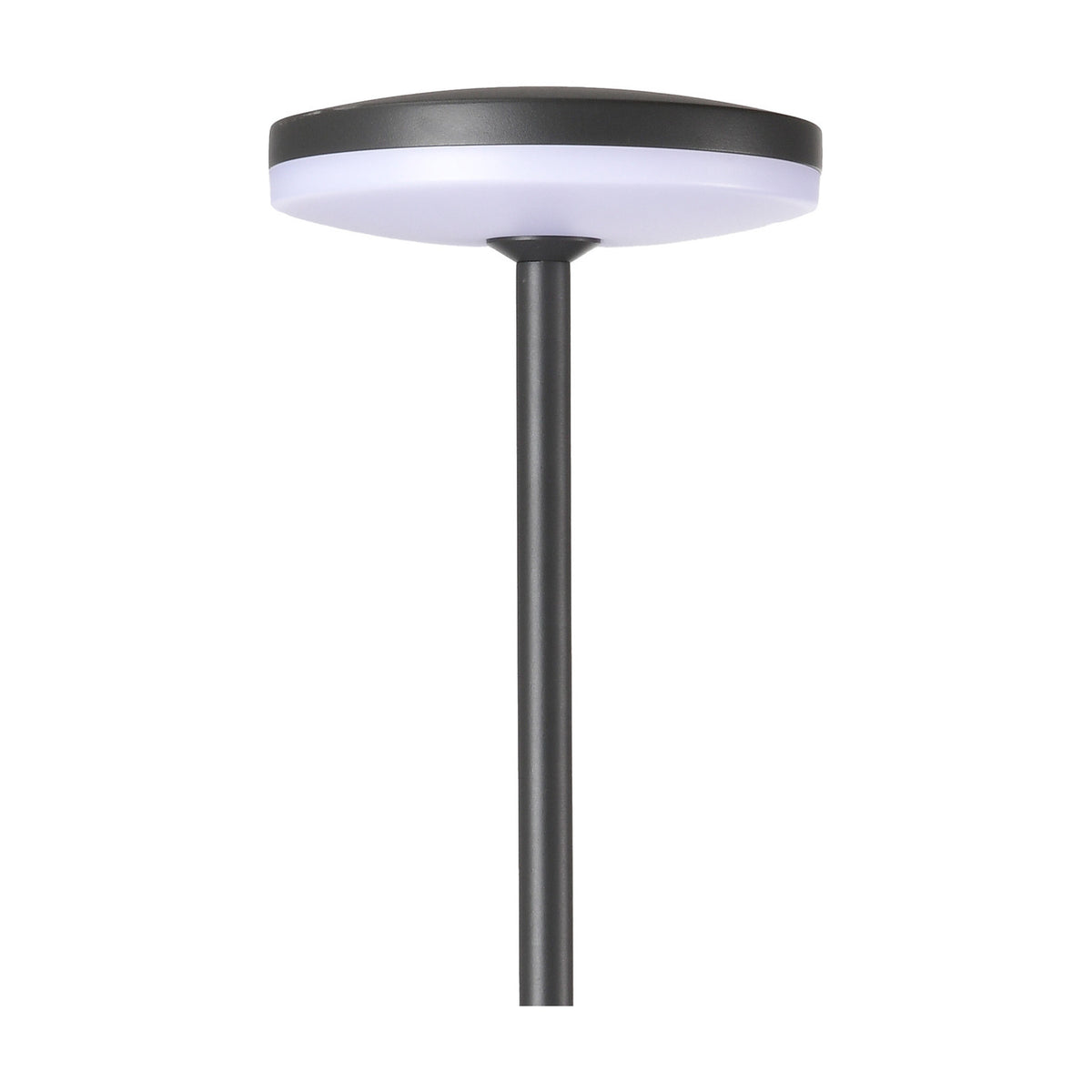 Akita IP54 bollard light, 80cm sand black post with round LED disc top emitting warm white light, shown on a plain white background.