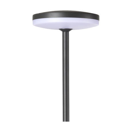 Akita IP54 bollard light, 80cm sand black post with round LED disc top emitting warm white light, shown on a plain white background.