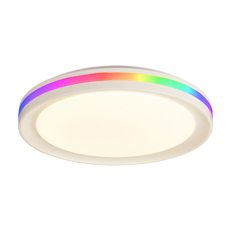 Gamer 40cm round ceiling light in white acrylic, shown at an angle on a plain background with a warm white centre panel and a rainbow-coloured LED ring edge.