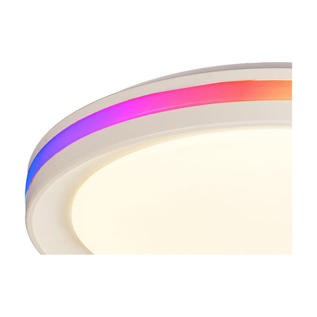 Close-up of the Gamer Ceiling Light 40cm in white, a slim round LED fixture with an RGB coloured edge glow above a warm white centre light, on a plain background.