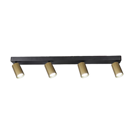 Sal 4 Light GU10 Linear Spotlight, 65cm matt black bar with four satin gold cylindrical heads for GU10 bulbs, shown on a plain white background.
