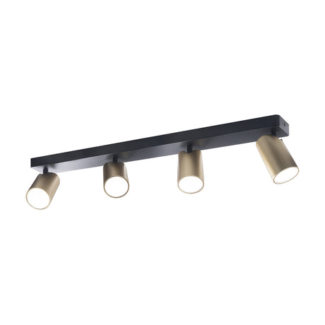 Sal 4 Light GU10 Linear Spotlight, 65cm matt black bar with four adjustable satin gold cylindrical heads, shown on a plain white background.