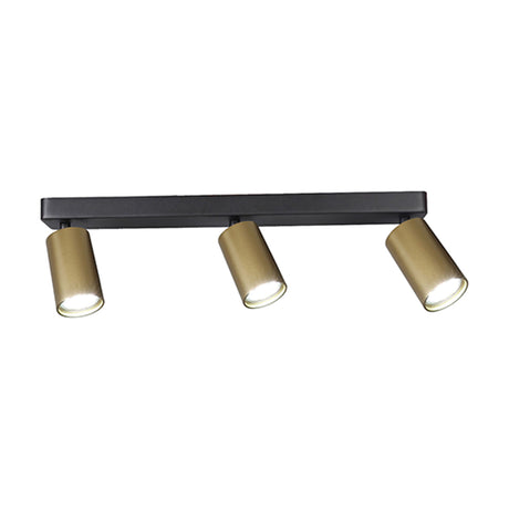 Sal 3 Light GU10 Linear Spotlight, a 45cm matt black bar with three cylindrical satin gold heads angled downward, shown on a plain white background.