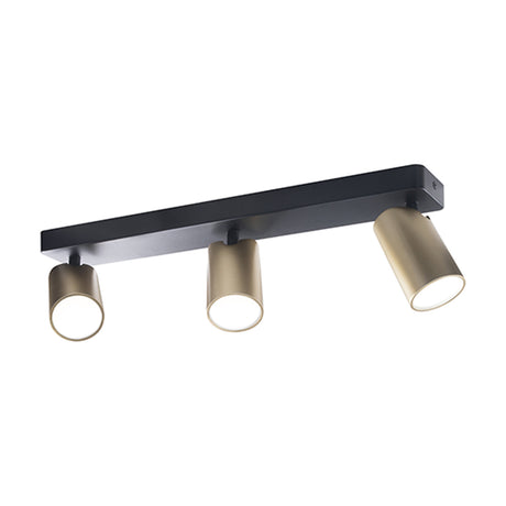 Sal 3 Light GU10 Linear Spotlight, 45cm matt black bar with three satin gold cylindrical heads angled outward, on a plain white background.