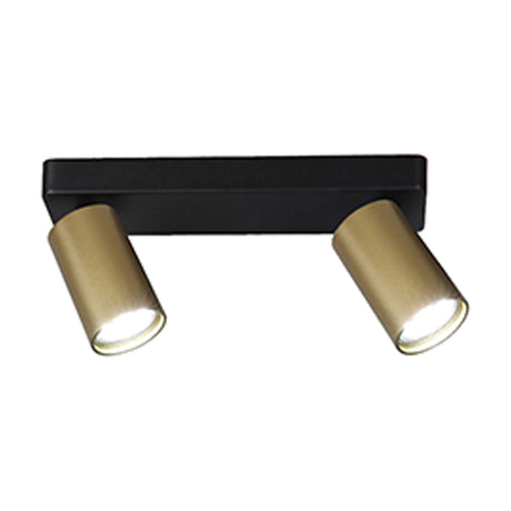 Sal 2 Light GU10 Linear Spotlight in matt black with two satin gold tilting heads, 25cm long, shown on a plain white background.